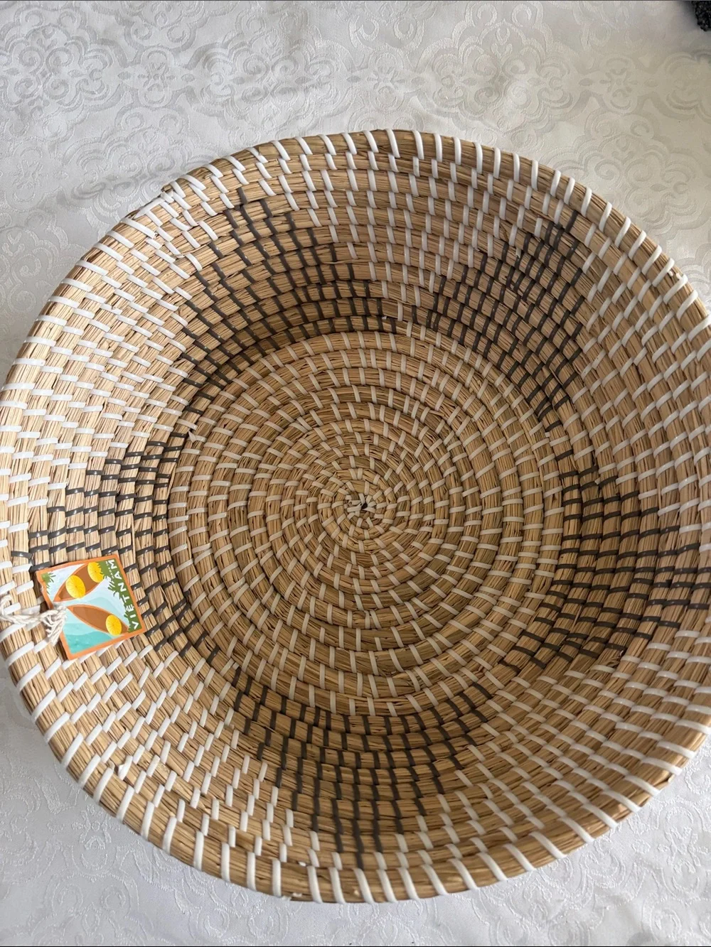 Natural Woven Basket Bowl - Tan, white & gray